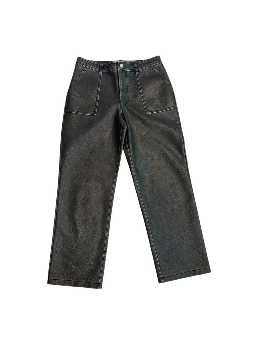 Zara Black faux leather pleather vegan rustic straight leg pants Sz 6 NWOT